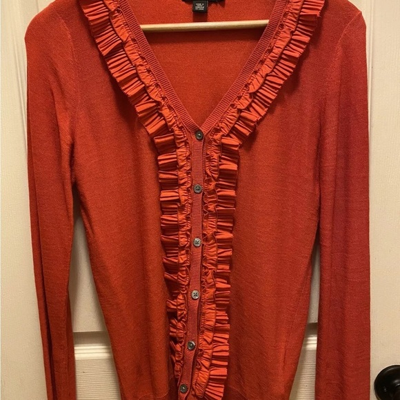 Women's DKNY Turkish Silk Burnt Orange Ruffled Cardigan Sz M EUC!! - Picture 1 of 14